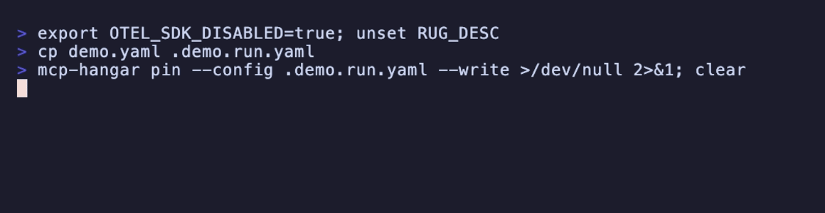 A terminal: a pinned tool call answers ALLOWED, the server rewrites its tool's description, and the identical call comes back DENIED — Tool 'echo' schema does not match its pinned digest.